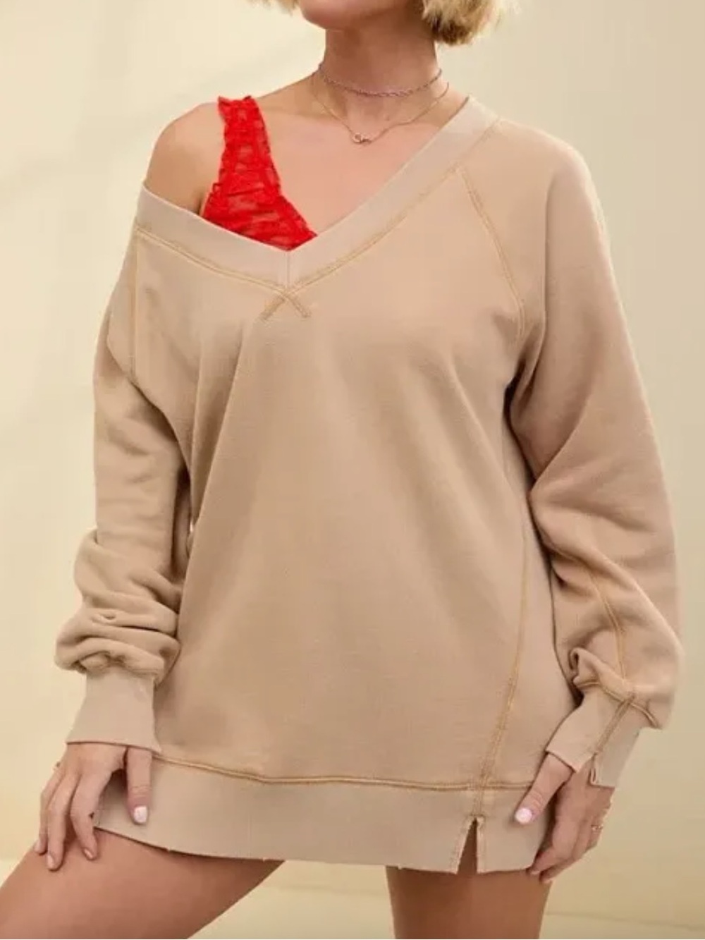 Aerie Downtime Textured V-Neck Sweatshirt Tan Oversized Distressed